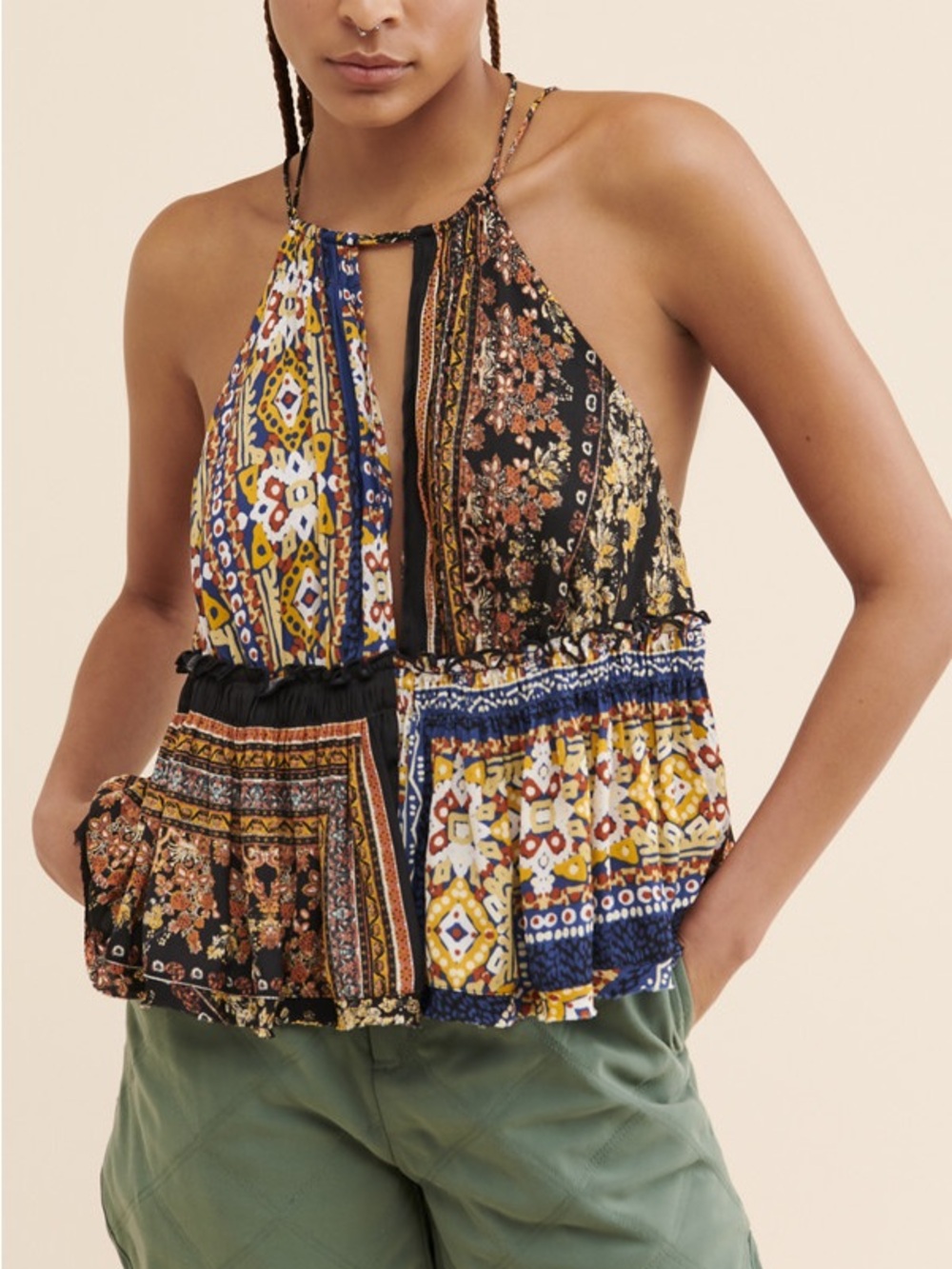 Free People Bellini Boho Patchwork Halter Tank Top size Small